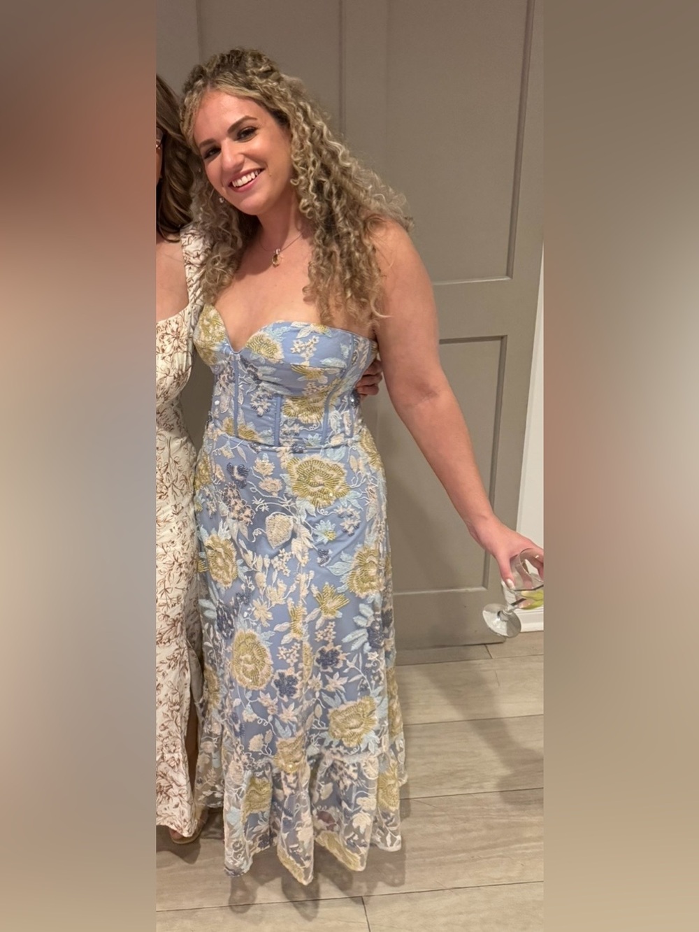 Dress the Population Strapless Blue and Gold Floral Midi Dress - Picture 3 of 4